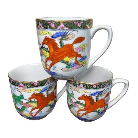 Vintage Hand-painted Decoration Dragon Fish Floral Golden Ring Chinese Tea Cups - Picture 3 of 5